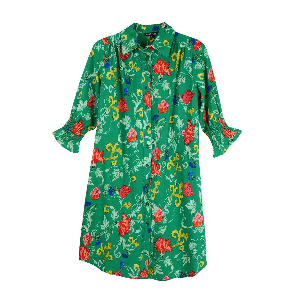 Boho Chic Floral Print Full Button Print Dress (6160214)(Green)