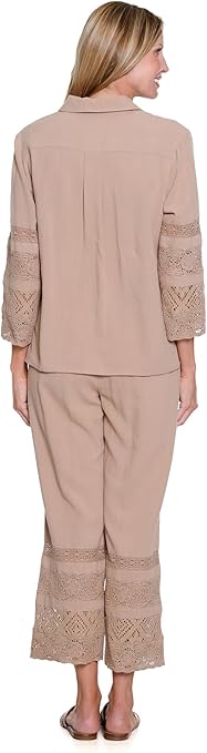 Multiples Petite Drawstring Elastic Pull On 2-Pocket Crop Pant with Lace Trim (M26410PP)(Khaki)