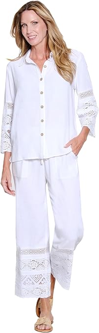 Multiples Drawstring Elastic Pull On 2-Pocket Crop Pant with Lace Trim (M26410PM)(2 Colors)