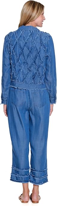 Multiples Petite Drawstring Elastic Waist 4-Pocket Crop Pant with Fringe Trim (M26202PP(Med Indigo)