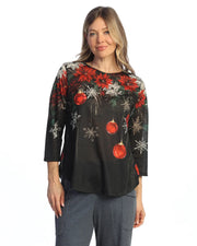 Jess & Jane Twinkle Noel Poly Rayon 3/4 Sleeve Round Hem Top (64-2259)(Multi )