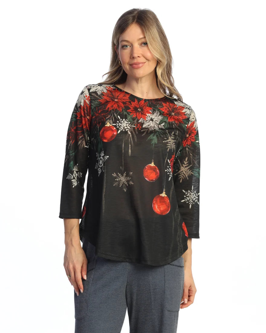 Jess & Jane Twinkle Noel Poly Rayon 3/4 Sleeve Round Hem Top (64-2259)(Multi )