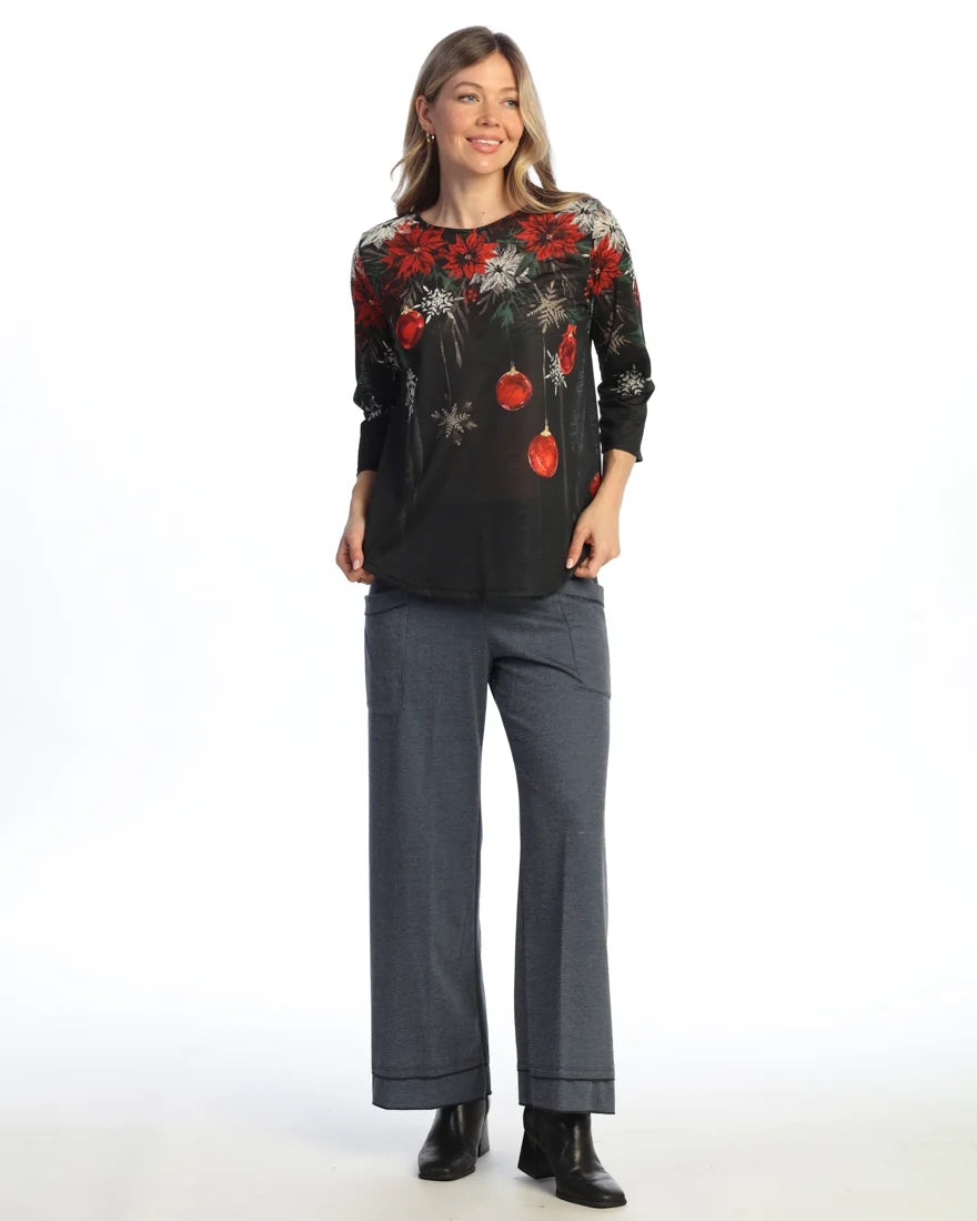 Jess & Jane Twinkle Noel Poly Rayon 3/4 Sleeve Round Hem Top (64-2259)(Multi )