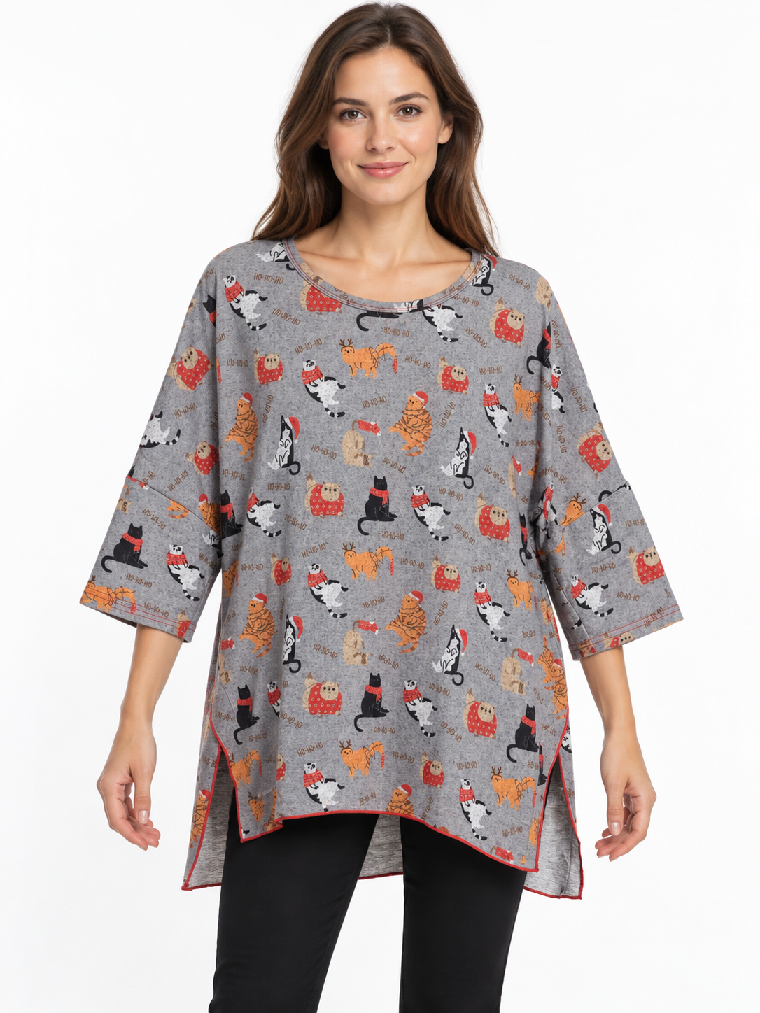 Shana Fleece Dolman Sleeve Ho Ho Ho Christmas Cat Tunic  Top (26630)(Multi)