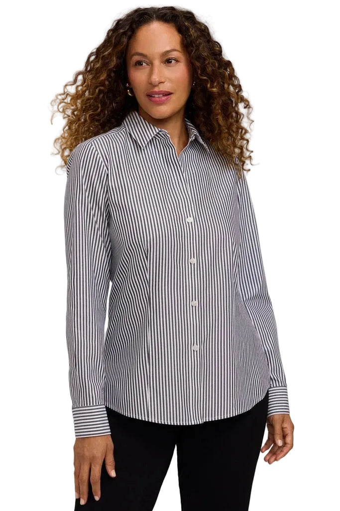 Foxcroft Dianna Long sleeve Pin No Iron Pointpoint  Oxford Stripe Shirt (205365050) (Black/White)