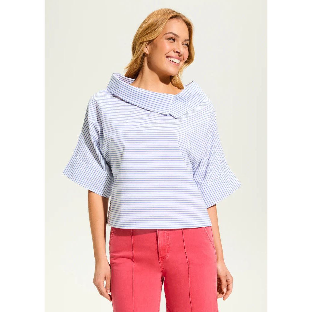 FDJ French Dressing Stripe Poplin Crossover Neck Top (BLU)