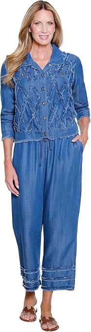Multiples Petite Drawstring Elastic Waist 4-Pocket Crop Pant with Fringe Trim (M26202PP(Med Indigo)
