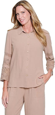 Multiples 3/4 Sleeves Button Front Shirt with Lace Trim (M26411BM)( 2 Colors )