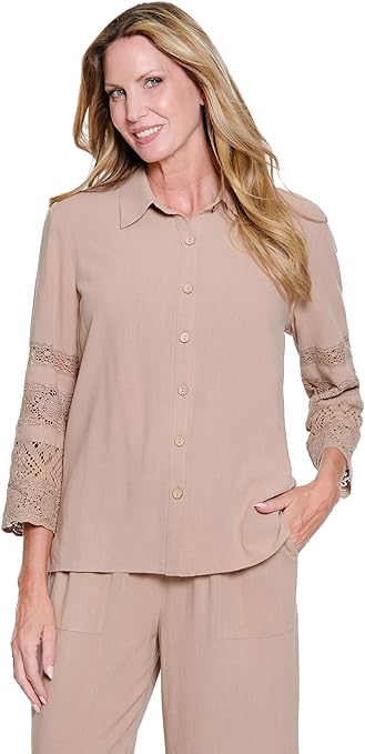 Multiples 3/4 Sleeves Button Front Shirt with Lace Trim (M26411BM)( 2 Colors )