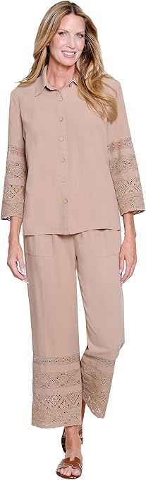 Multiples Petite Drawstring Elastic Pull On 2-Pocket Crop Pant with Lace Trim (M26410PP)(Khaki)