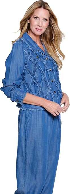 Multiples Petite Fringe Stripe Button Front Jean Jacket (M26201JP)(2 Colors)