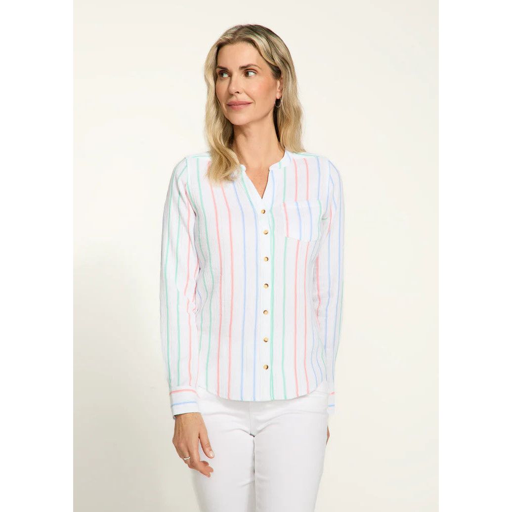FDJ French Dressing Stripe Notch V-Neck Shirt (WHT)