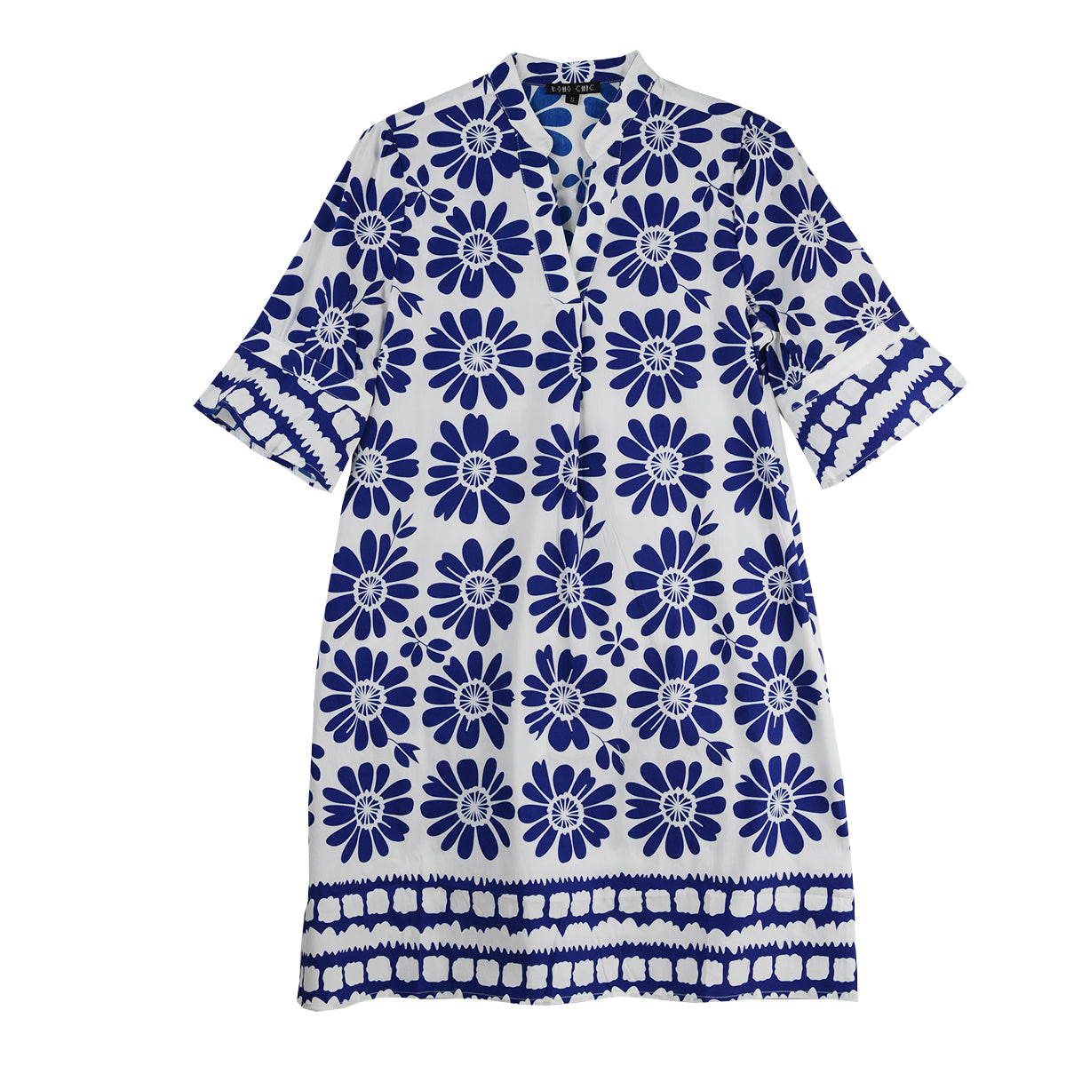 Boho Chic Abstract Batik Daisy Polished Cotton  Print Dress (6001268)(Royal)