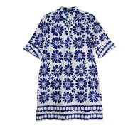 Boho Chic Abstract Batik Daisy Polished Cotton  Print Dress (6001268)(Royal)