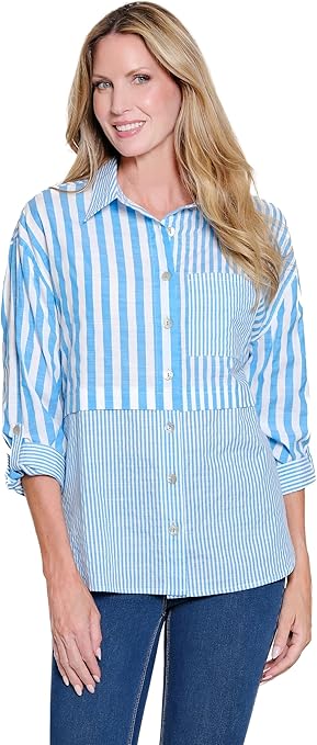 Multiples Roll Tab Cuffed Long Sleeve 1-pocket Button front Shirt (M26209BM)(2  Colors)