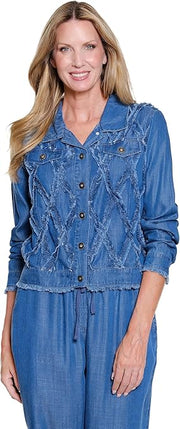 Multiples Petite Fringe Stripe Button Front Jean Jacket (M26201JP)(2 Colors)