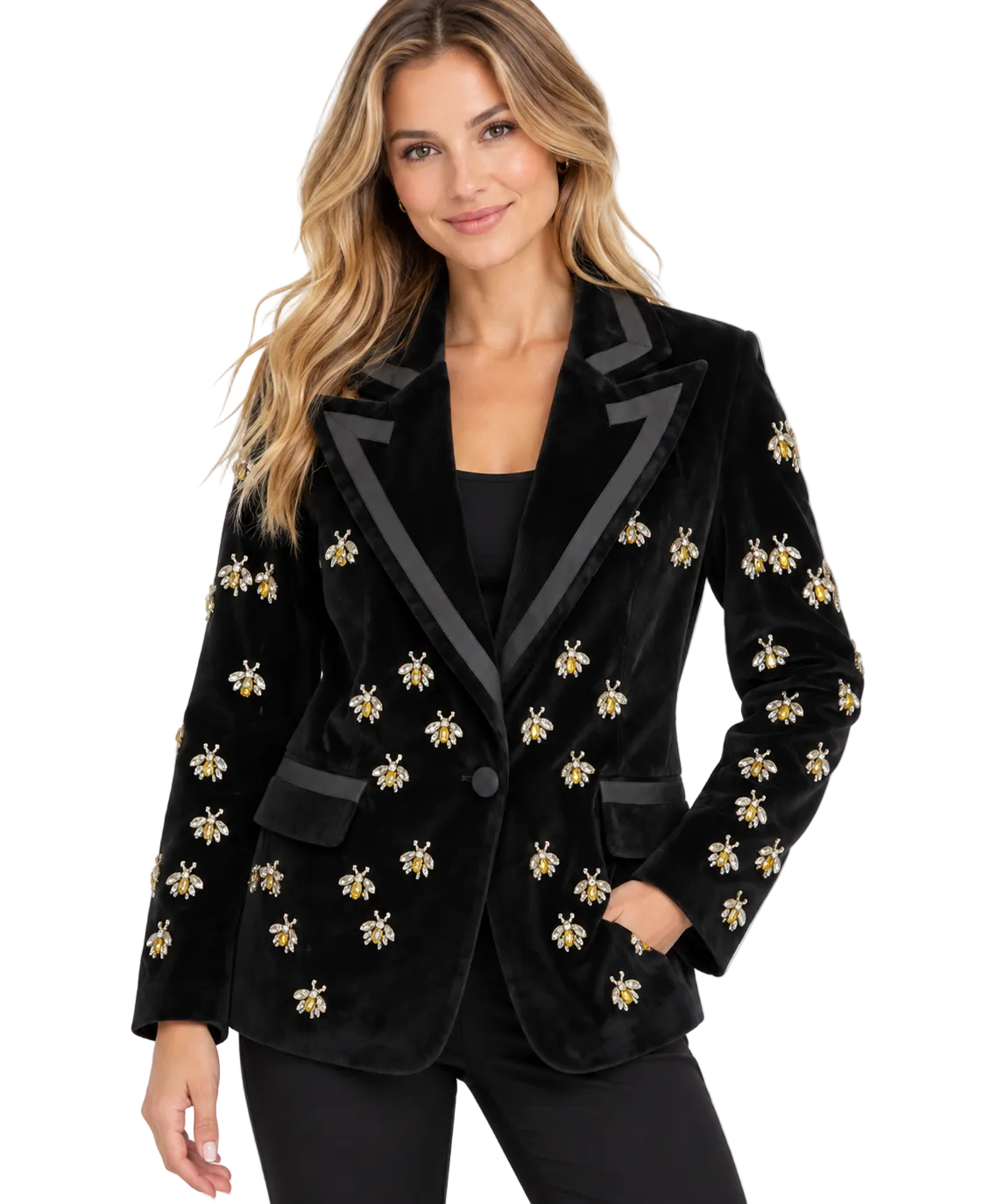 A.Z.I. Velvet Tuxedo Style Jacket With All Over Beaded Bee Design (Z13276) (Black)