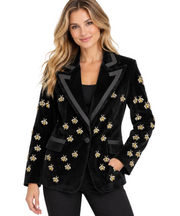 A.Z.I. Velvet Tuxedo Style Jacket With All Over Beaded Bee Design (Z13276) (Black)