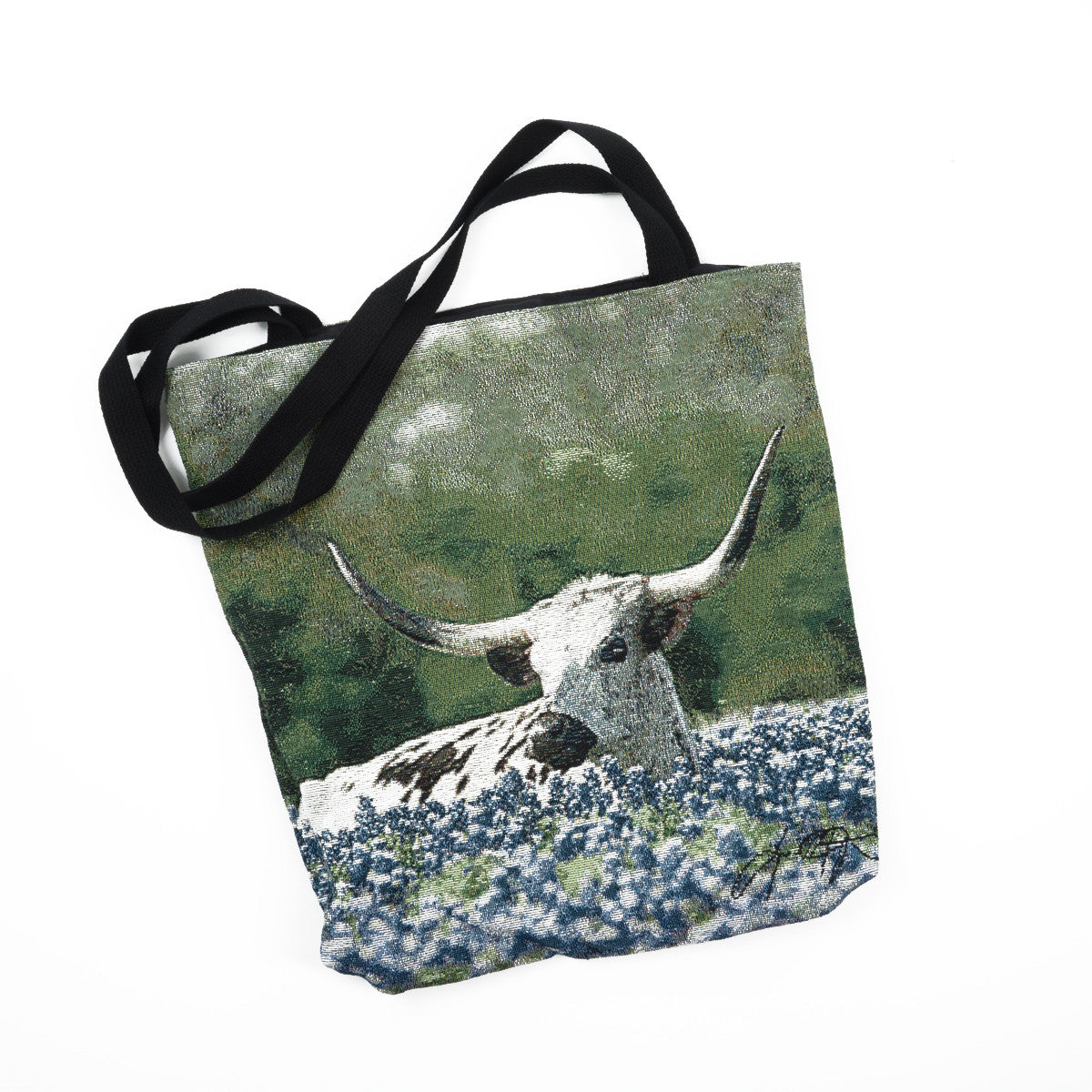 Lazy Day Steer in Bluebonnets Tapestry Tote (C-OTLZDY)
