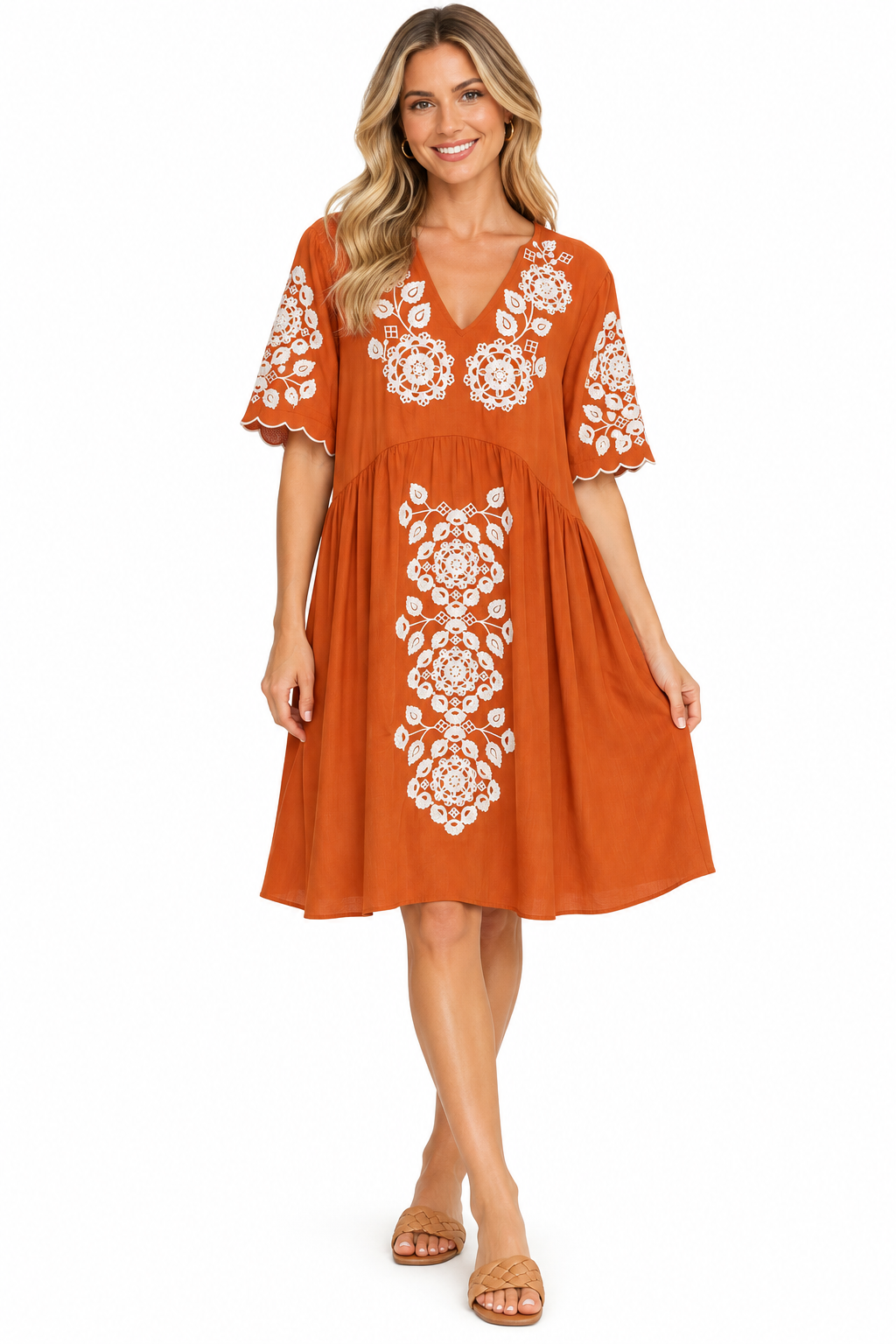 Parsley & Sage Judy Embroidered V-Neck Dress (27T84D)(Burnt Orange)