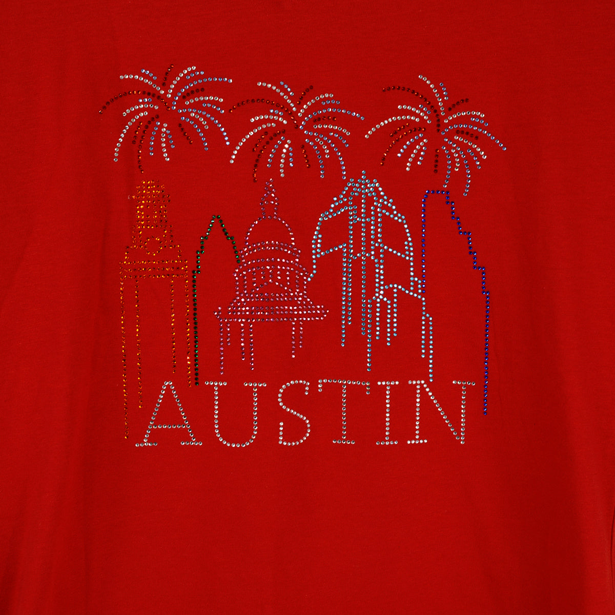 Celebrate Austin Rhinestone City Scape with Fireworks (CR651-Red)