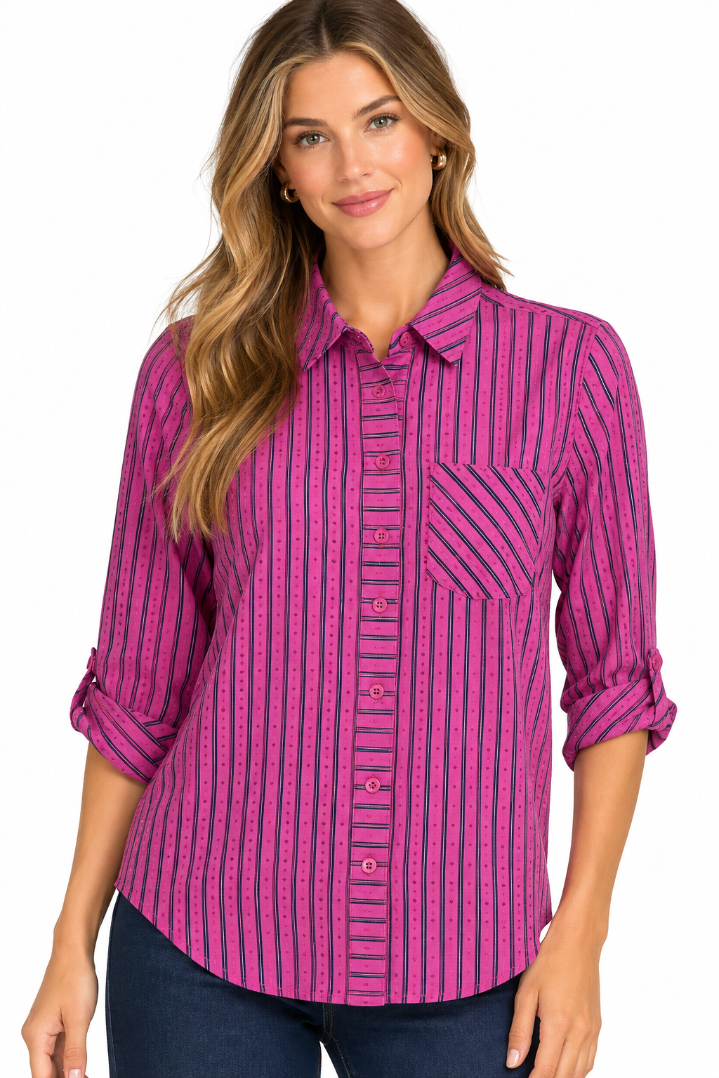 Multiples Petite Woven Roll Tab Long Sleeve Button Front Patch Pocket Shirt  (M466507BP) ( 2 Colors )