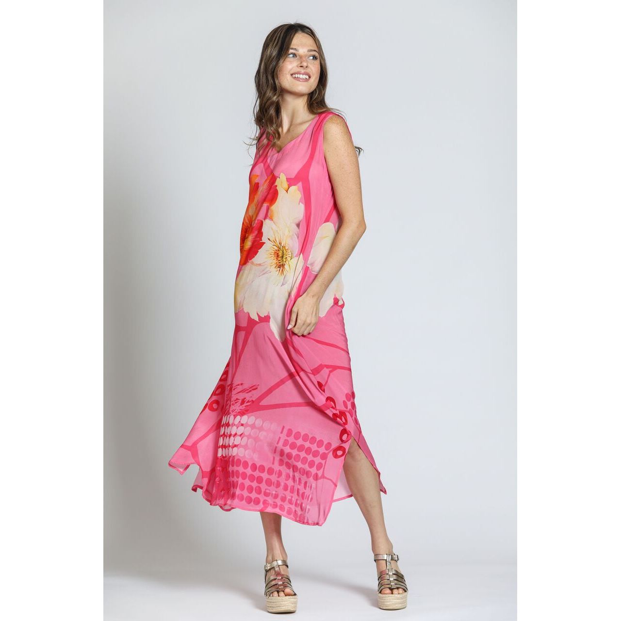 APNY Long Tiered Dress w/elbow sleeves floral V-Neck (BL-14P-959d/NC (Pink Multi)