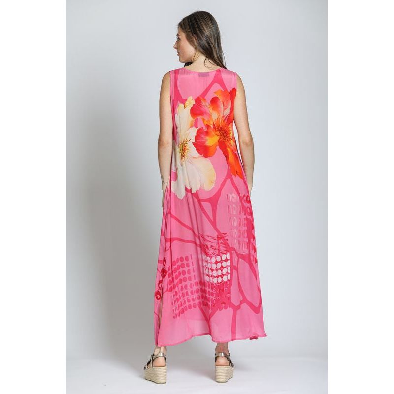 APNY Long Tiered Dress w/elbow sleeves floral V-Neck (BL-14P-959d/NC (Pink Multi)