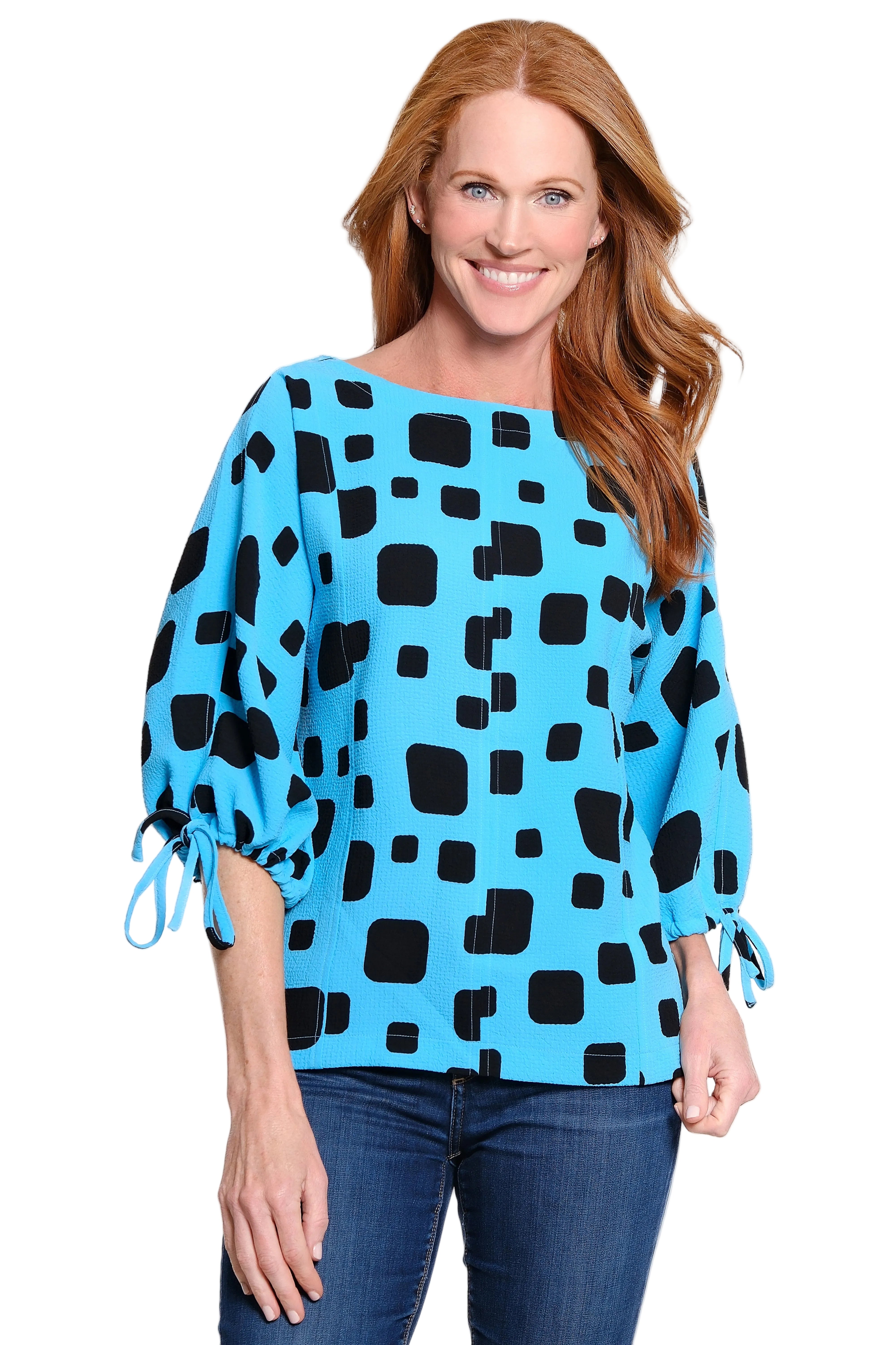 Ali Miles Pop-over Blouse 3/4 Cinch sleeves(A16309TM)(Aqua)