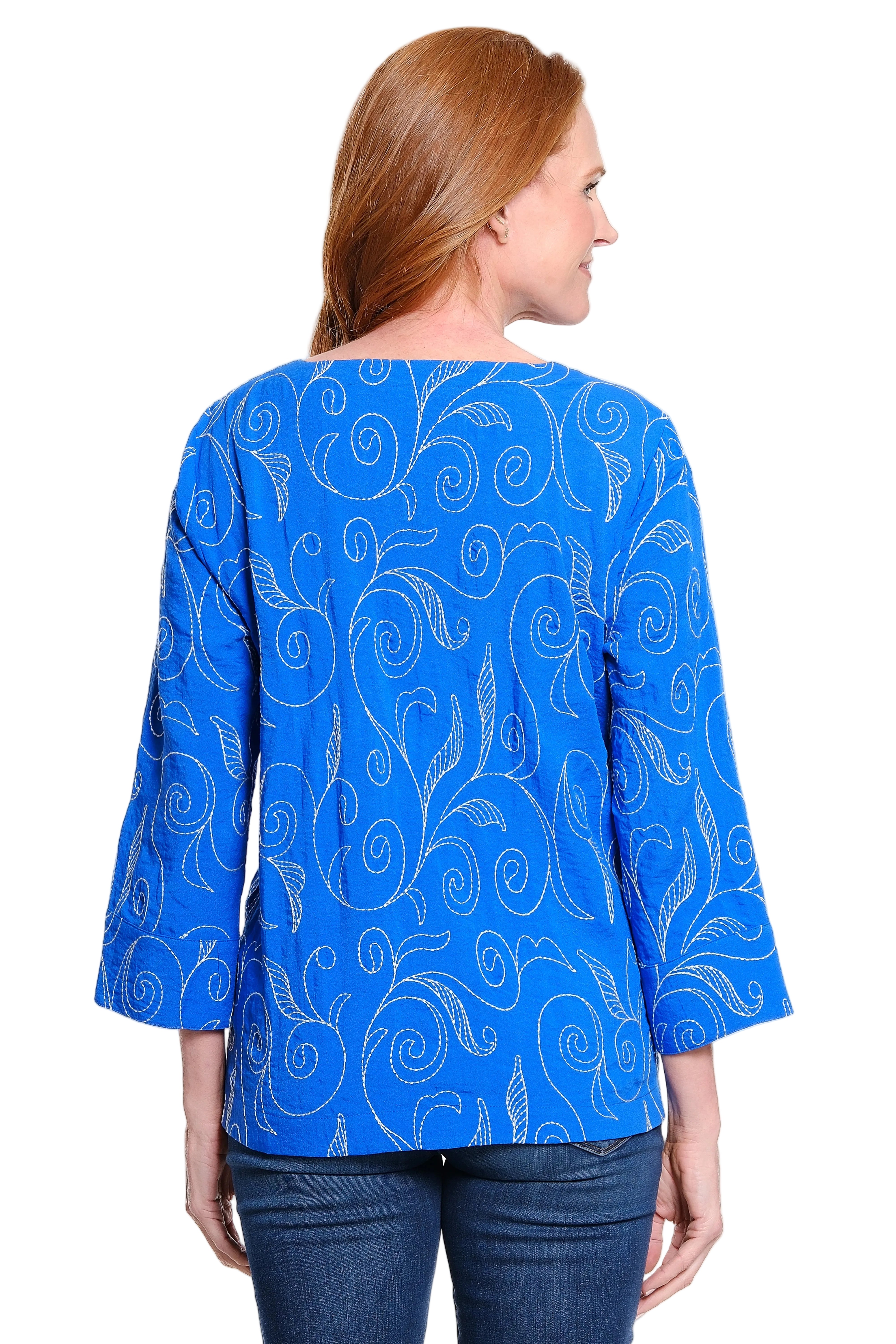 Ali Miles Woven Pop-over Embroidered Blouse(A16316TM) (Electric Blue)