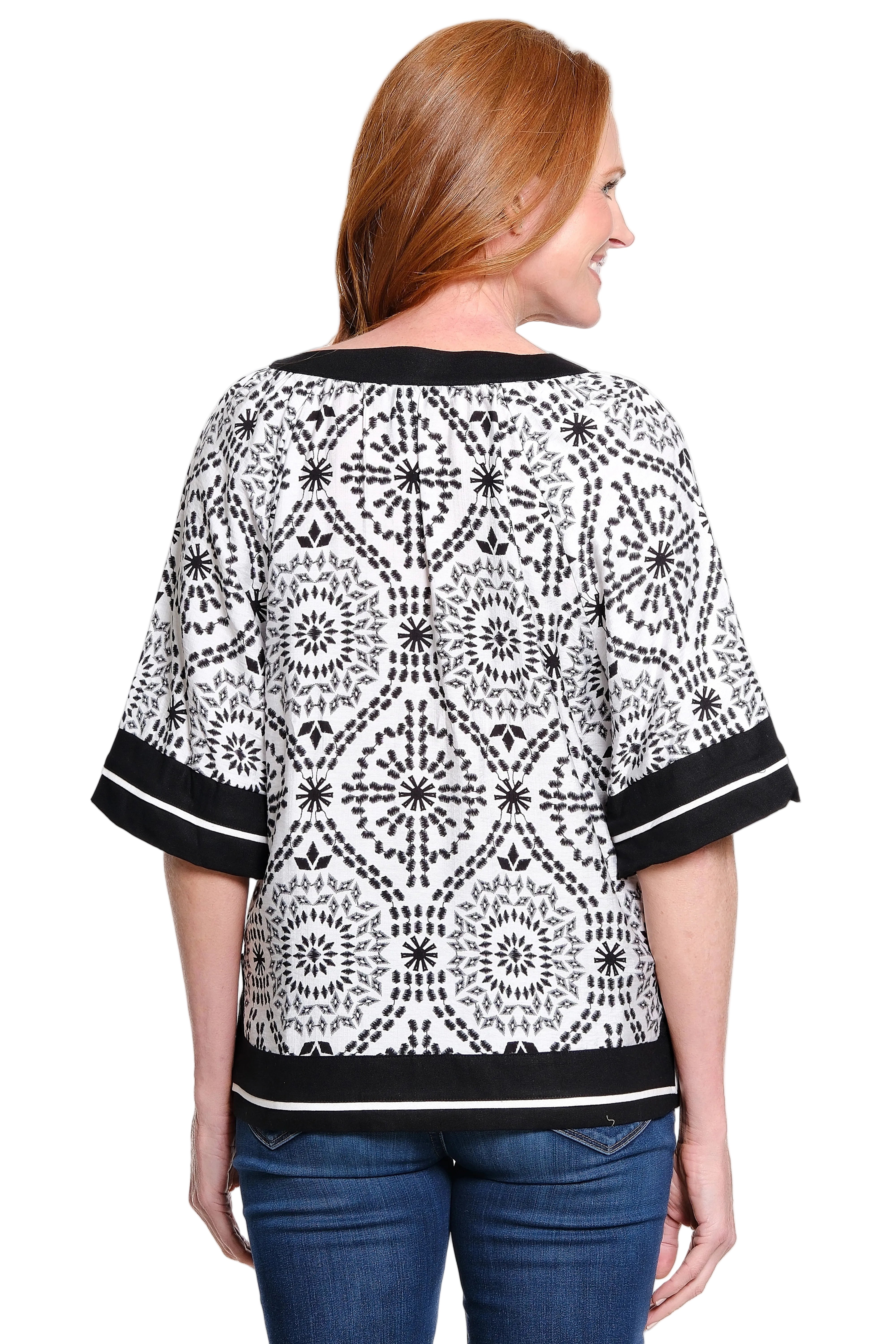 Ali Miles Pop-over Split Neckline Blouse(A16320TM)(Black/White)