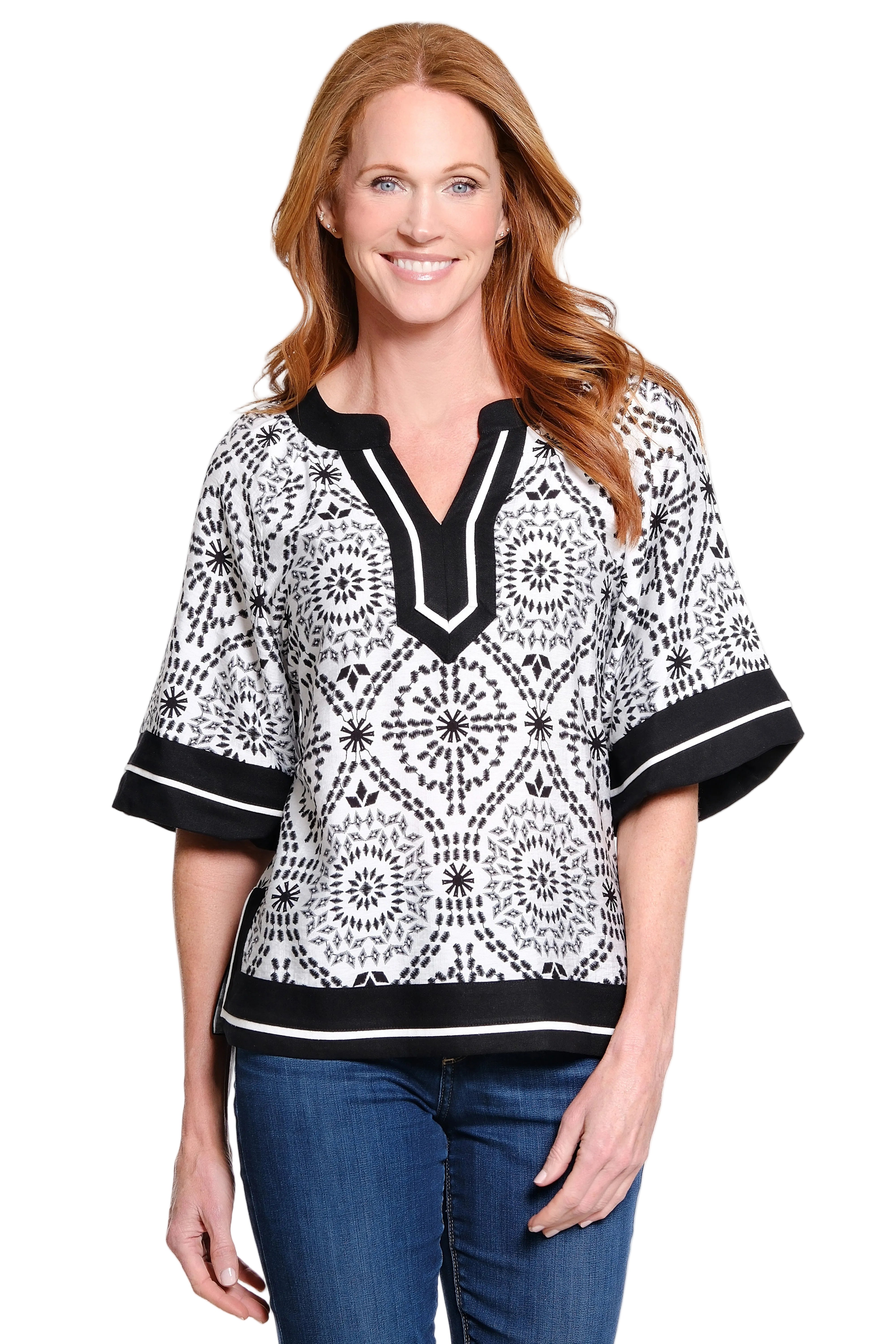 Ali Miles Pop-over Split Neckline Blouse(A16320TM)(Black/White)