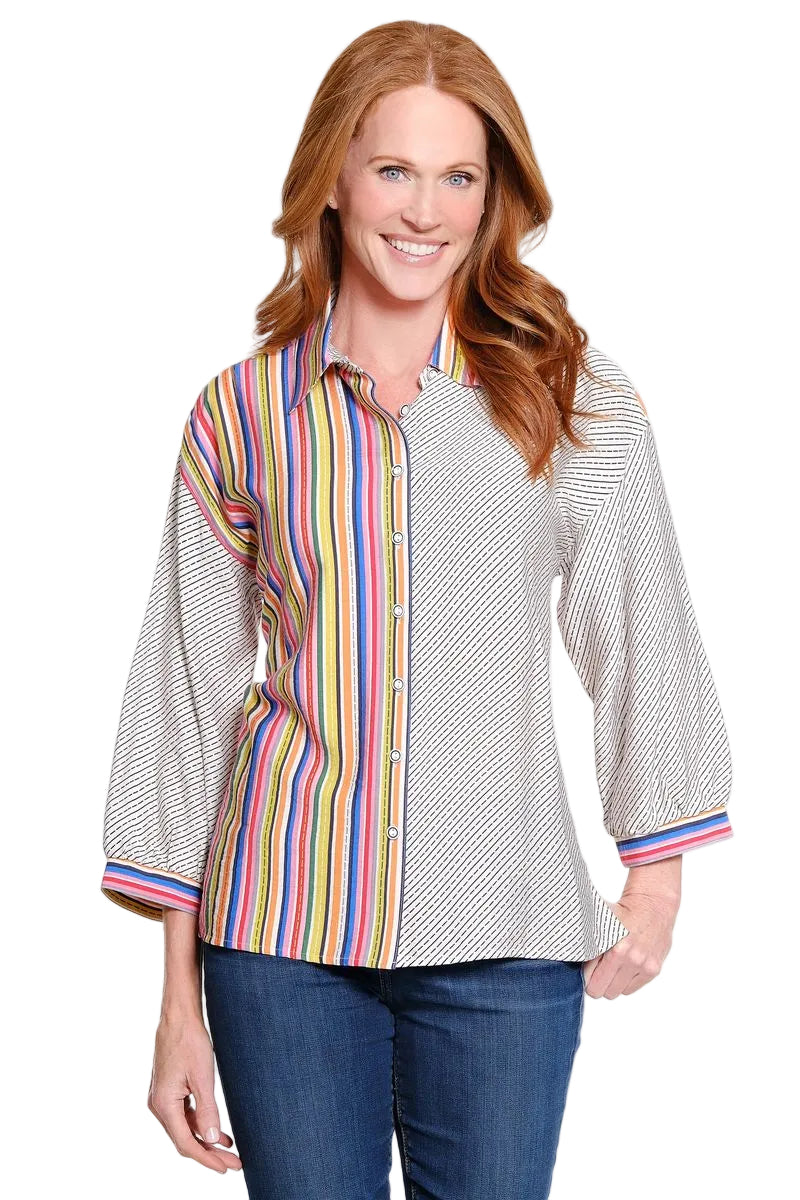 Ali Miles Woven Button Front Blouse(A16323BM) (Stripe Multi)
