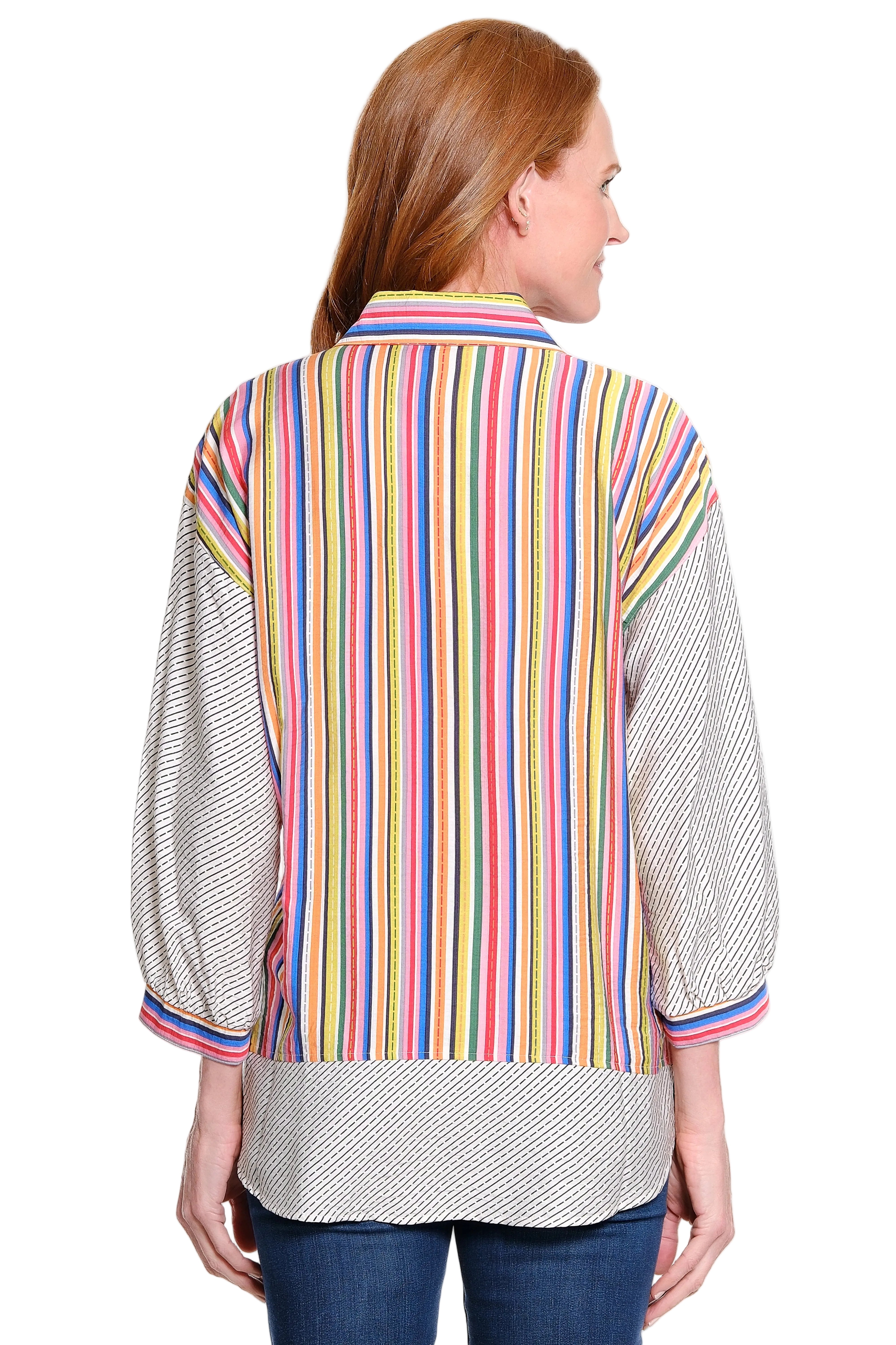 Ali Miles Woven Button Front Blouse(A16323BM) (Stripe Multi)