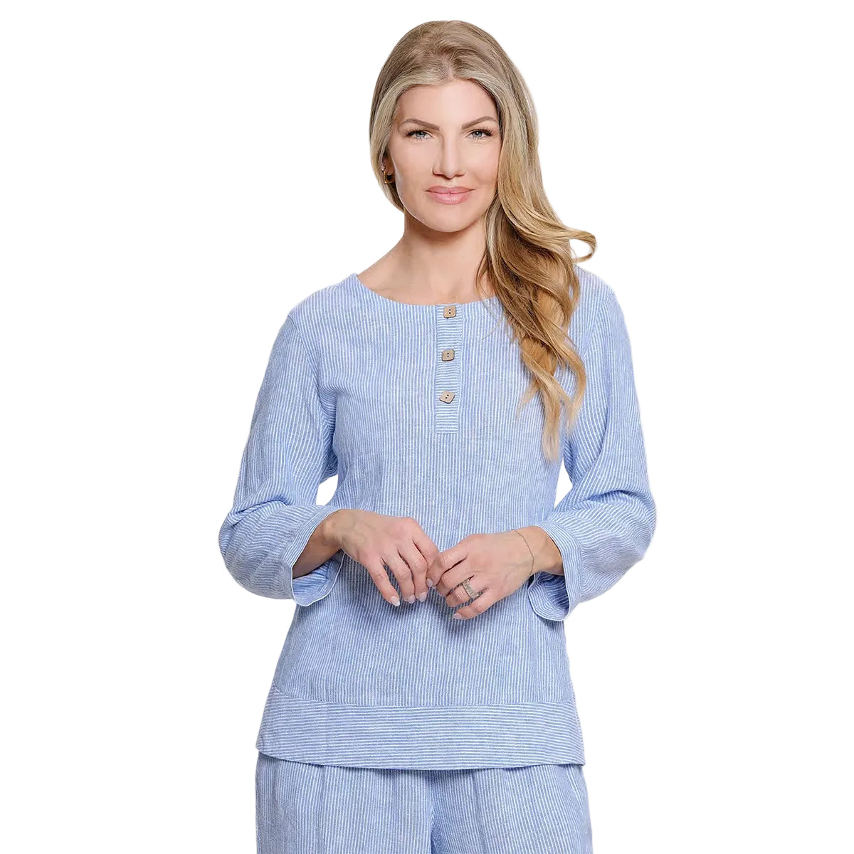 Ali Miles Woven Yarn Dyed Stripe Pop Over (A26430TM)(CLRBLU)