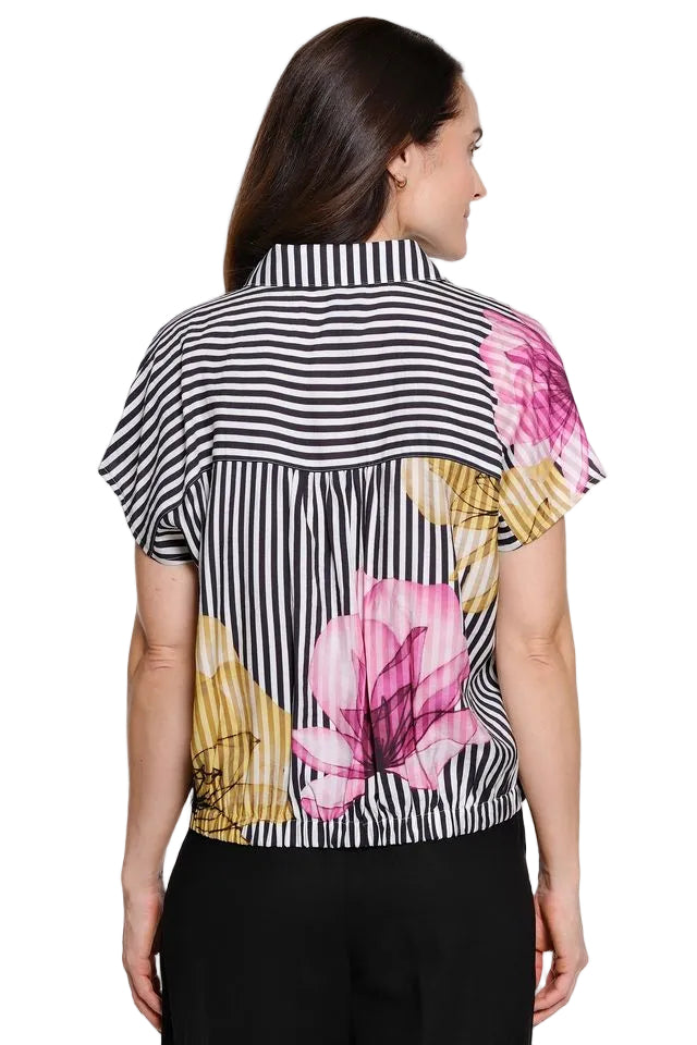 Ali Miles Woven Button Front Tie Stripe Top (A26508BM)(Floral Multi)