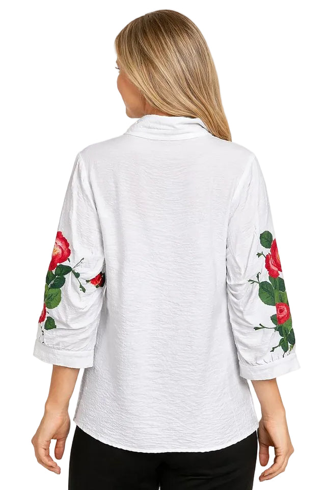 Ali Miles Woven Rose Print  Cinch Sleeve  Popover Top (A26512TM)(White)