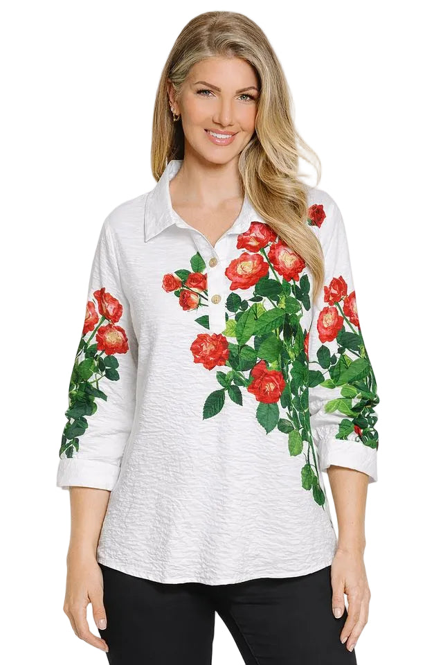 Ali Miles Woven Rose Print  Cinch Sleeve  Popover Top (A26512TM)(White)