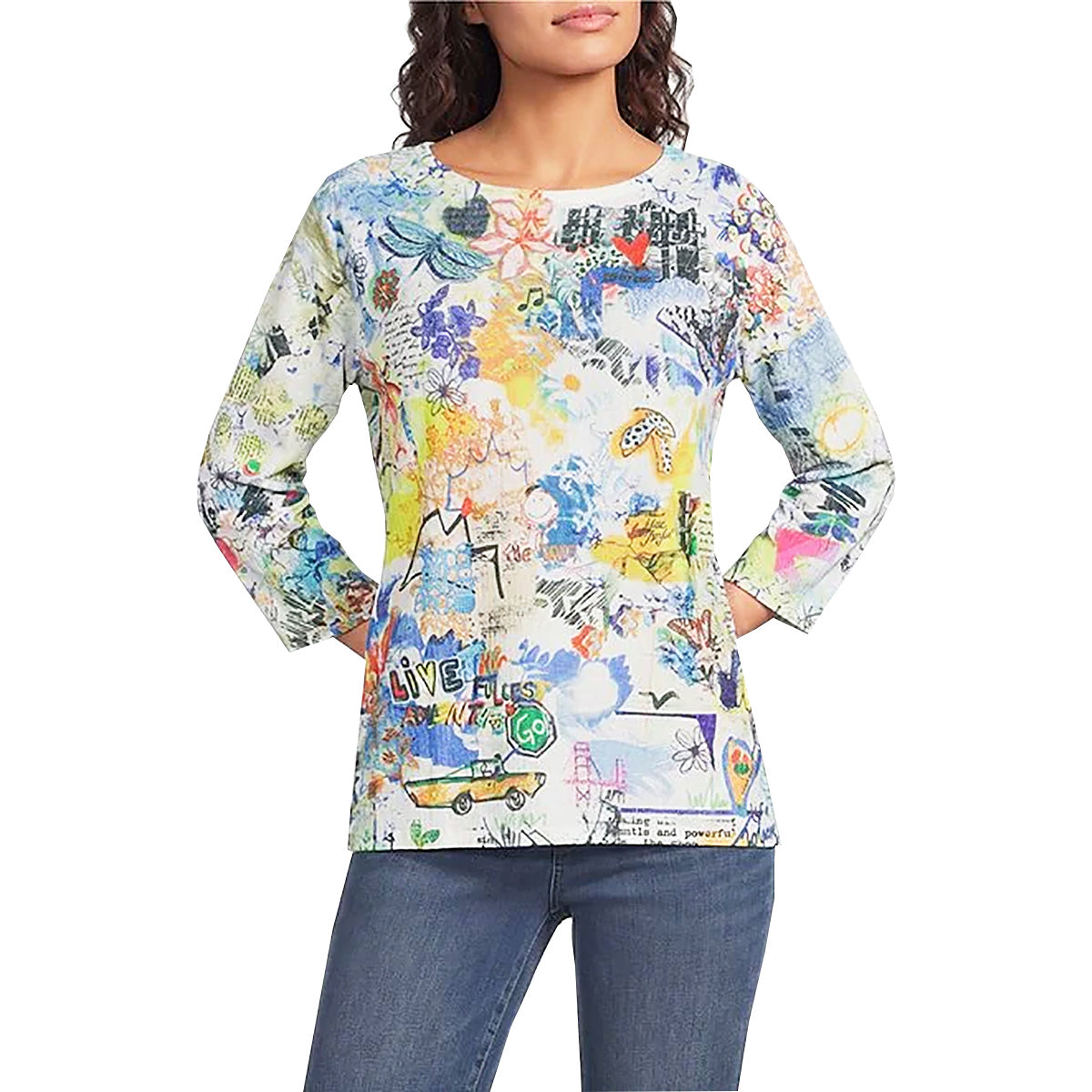 Ali Miles Knit Adventure Print pop-Over Top (A26520TM)(Multi)