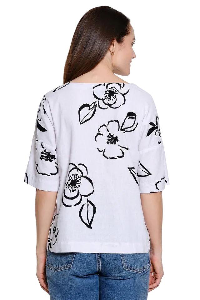 Ali Miles Woven Floral Print Elbow Sleeve Short Sleeve Top (A26525TM)(Black White)