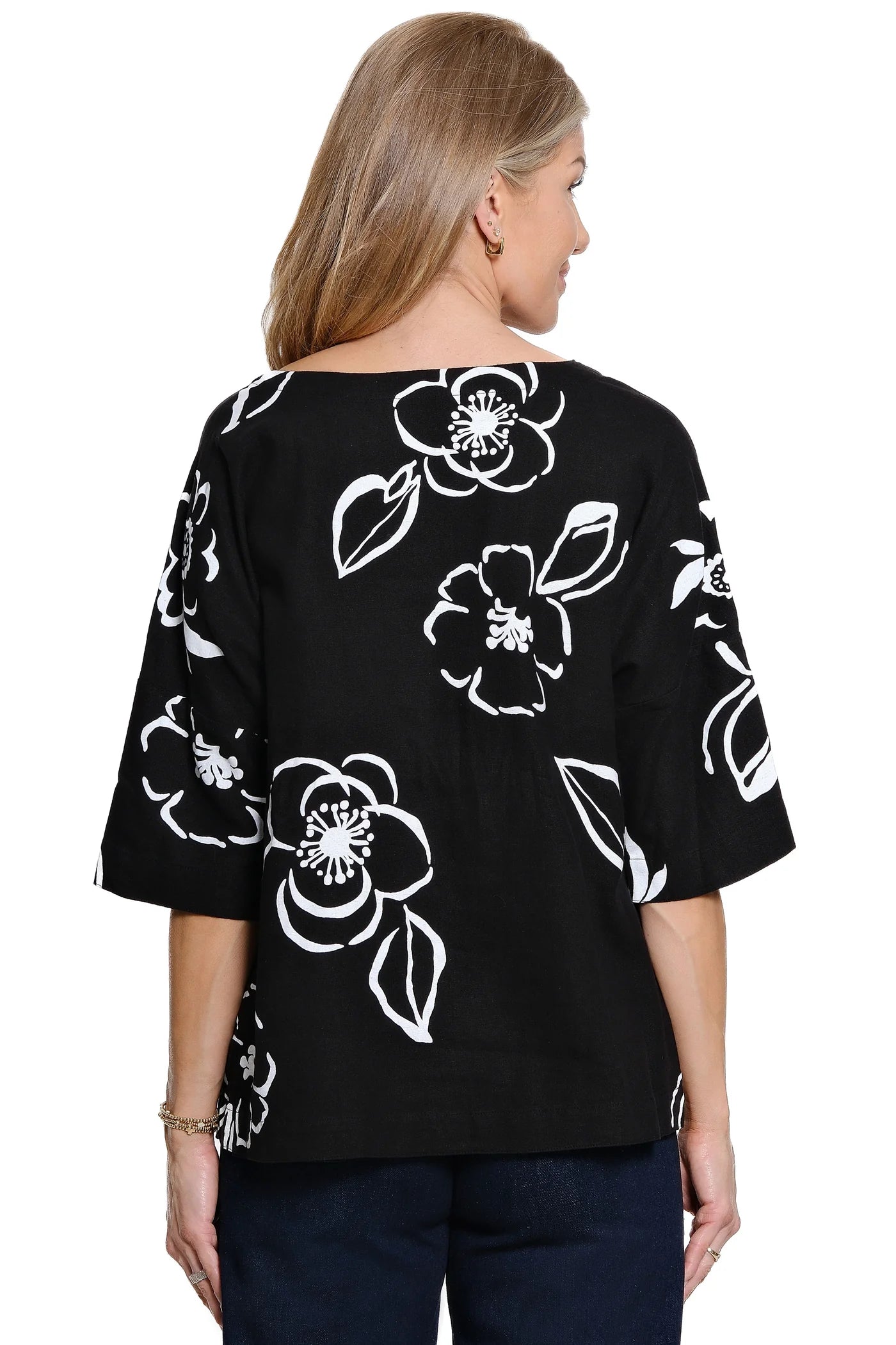 Ali Miles Woven Floral Print Elbow Sleeve Short Sleeve Top (A26525TM)(Black White)