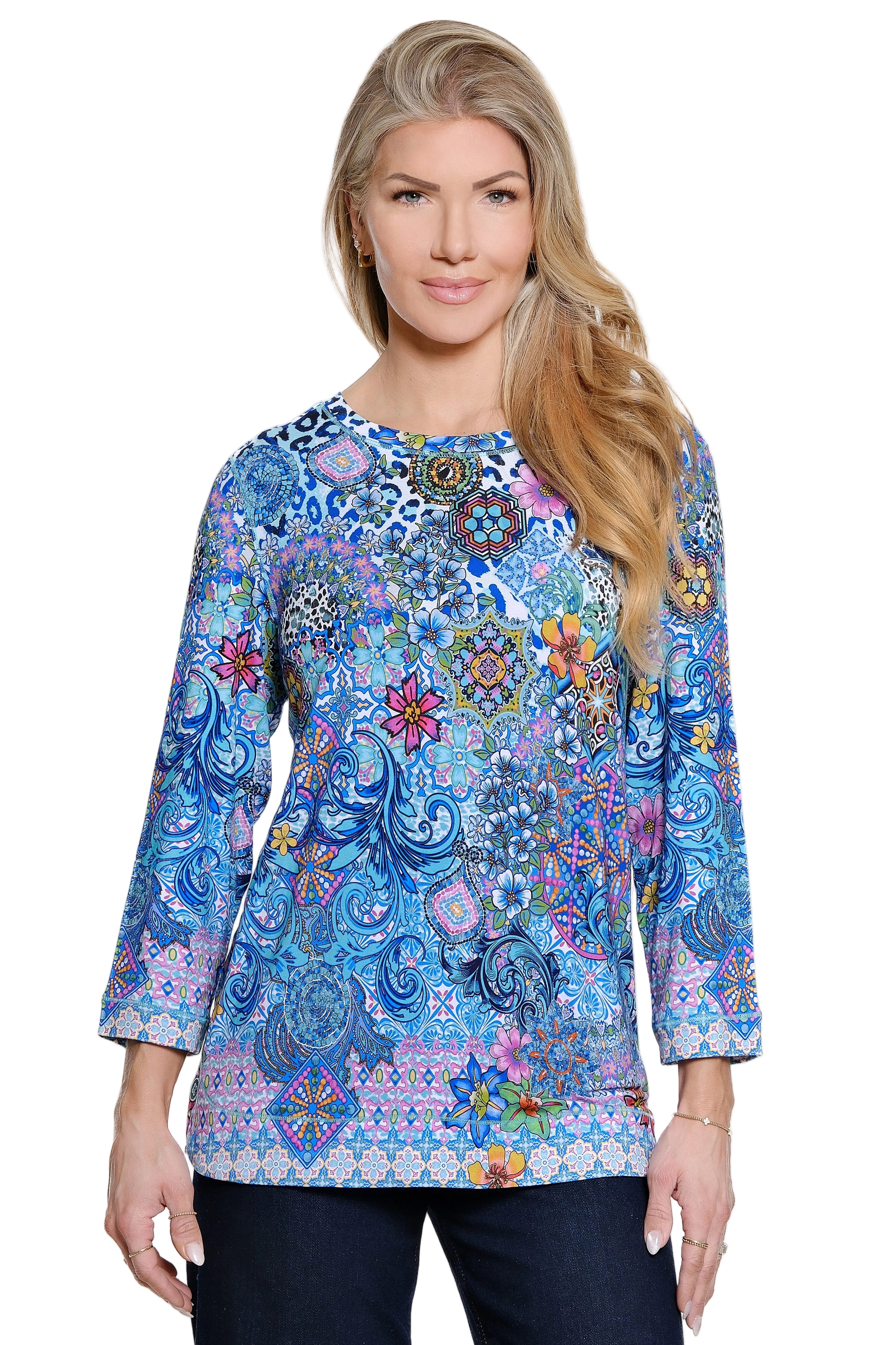 Ali Miles Allover Floral And Animal Print Knit Popover Tunic  (A26601TM)(Multi )