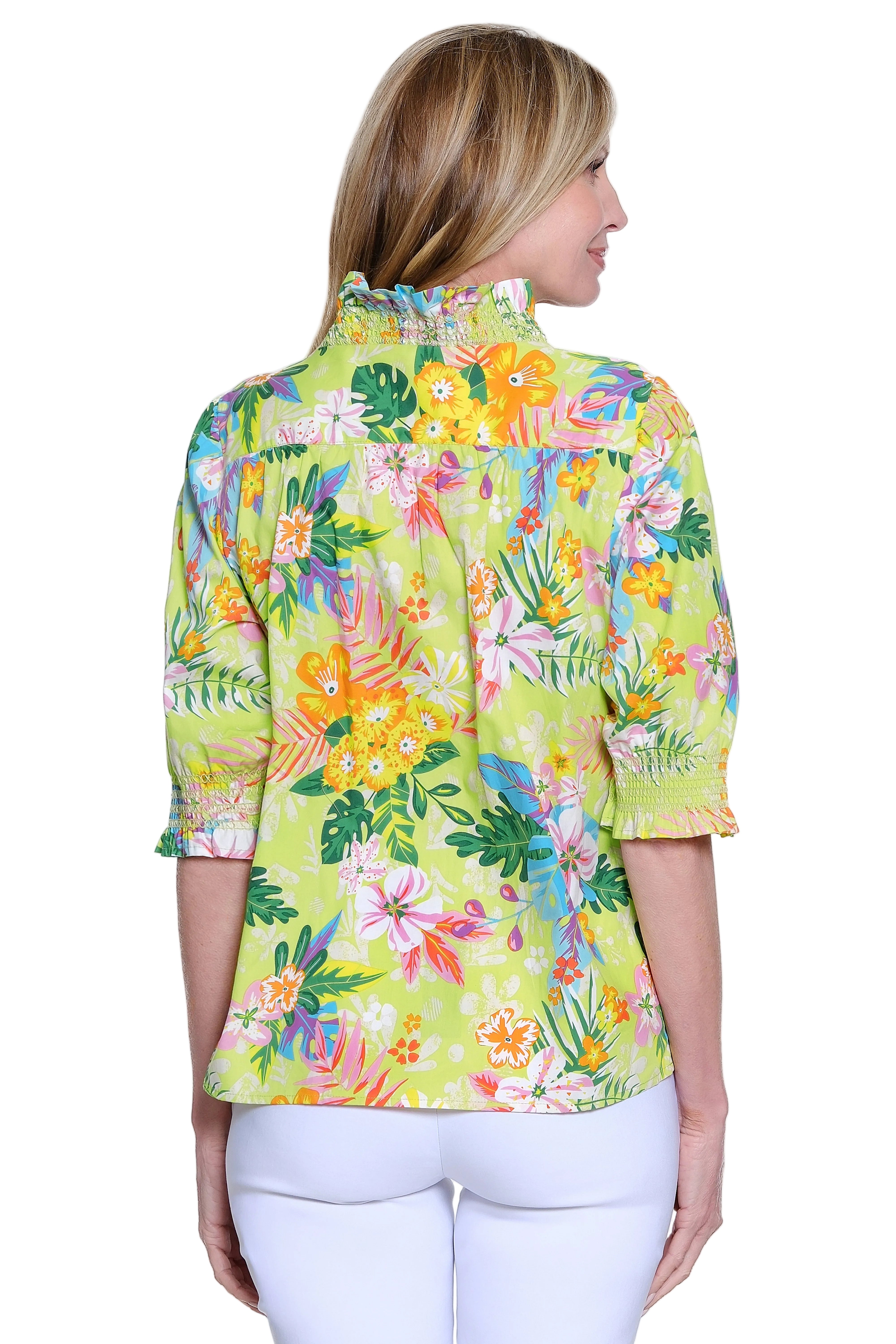 Ali Miles Allover Floral Ruffle Collar  Button Front Shirt (A26608BM)(Floral Multi)