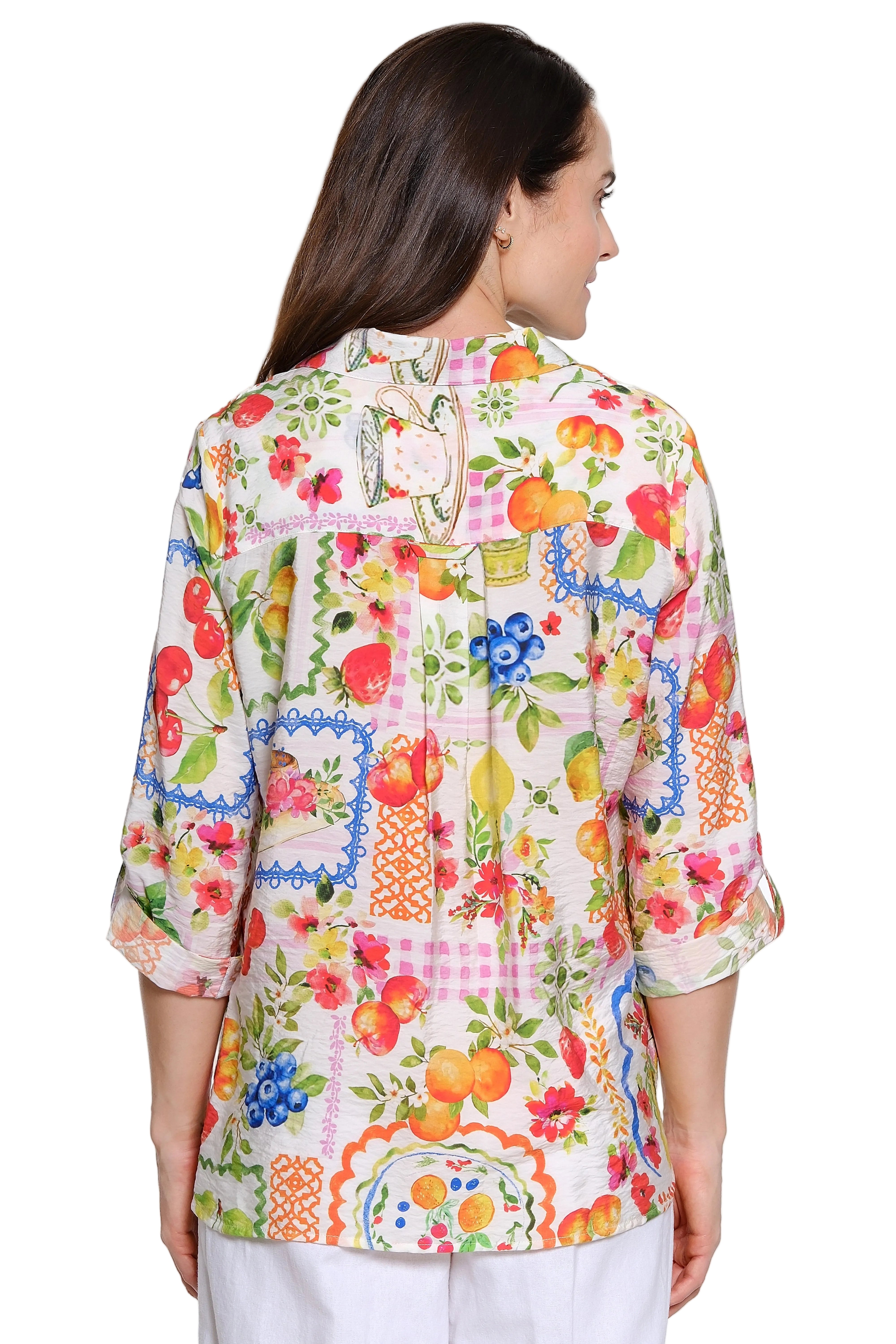 Ali Miles Allover Fruit and Floral Button Front Blouse (A26609BM)(Multi)
