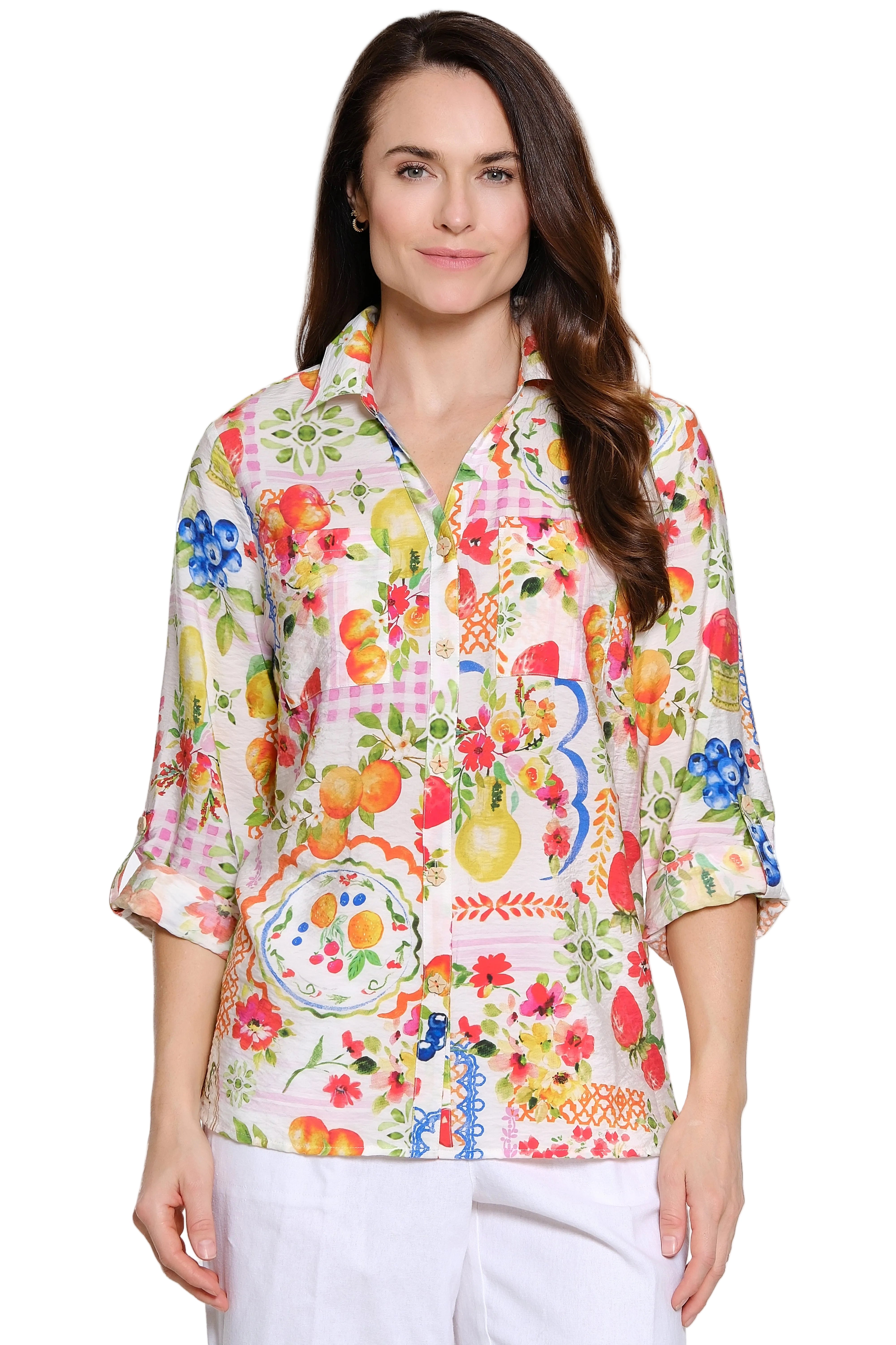 Ali Miles Allover Fruit and Floral Button Front Blouse (A26609BM)(Multi)