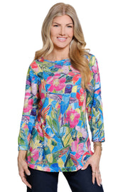 Ali Miles Allover Hummingbird and  Floral Knit Popover (A26613)(Multi )