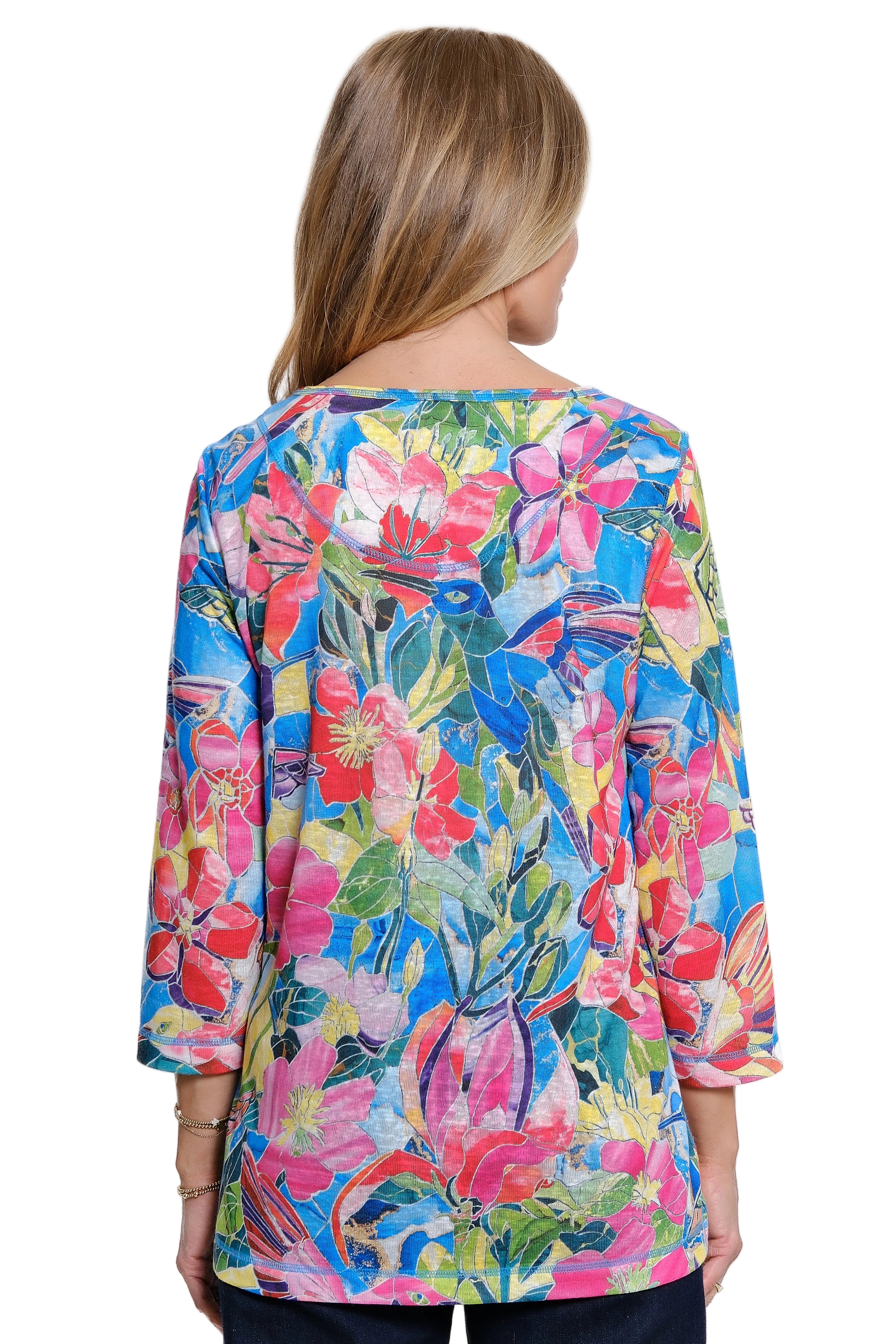 Ali Miles Allover Hummingbird and  Floral Knit Popover (A26613)(Multi )