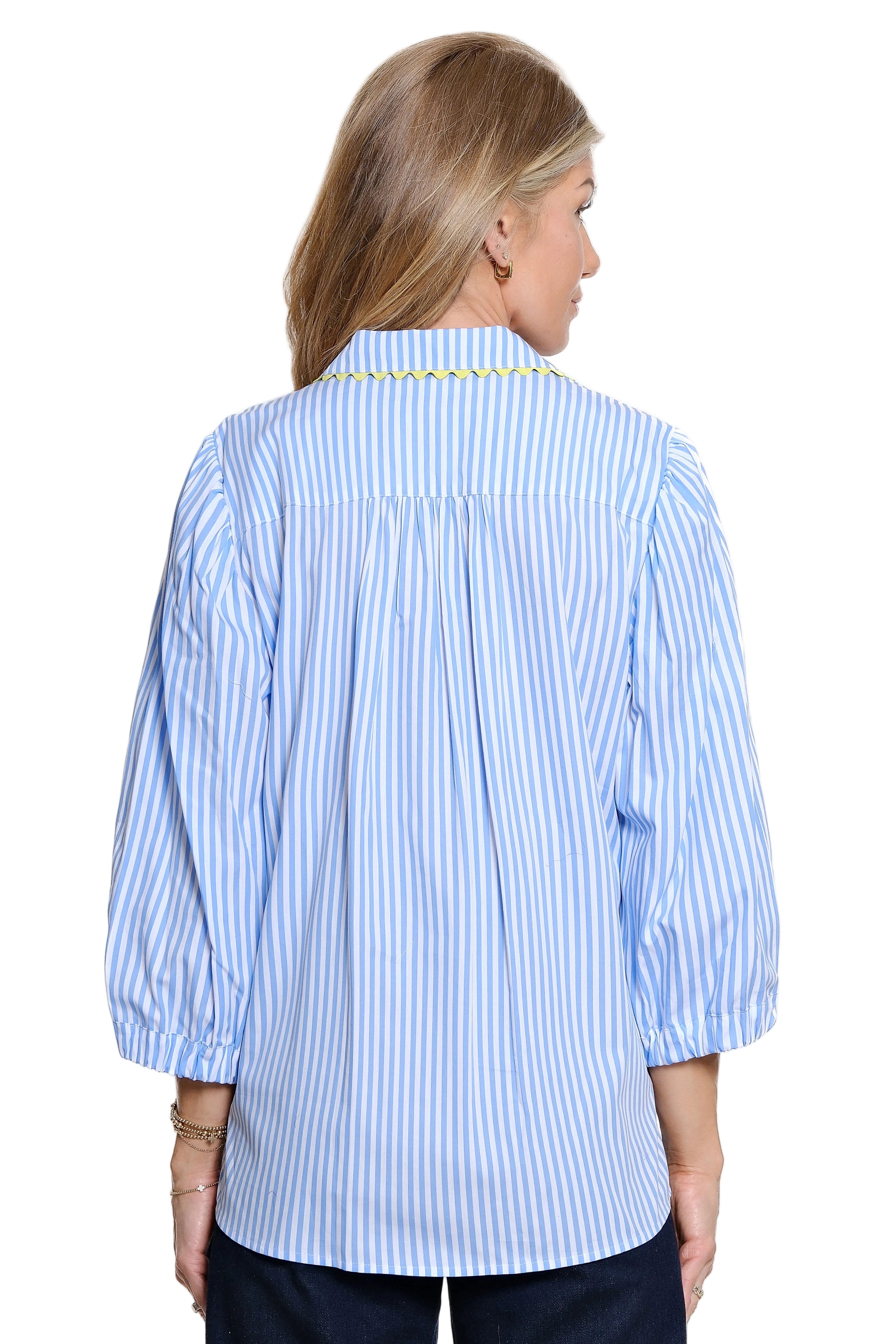 Ali Miles Allover Stripe Button Front Blouse with Rick Rack  (A26622BM)(Blue Stripe)