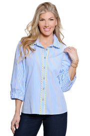 Ali Miles Allover Stripe Button Front Blouse with Rick Rack  (A26622BM)(Blue Stripe)