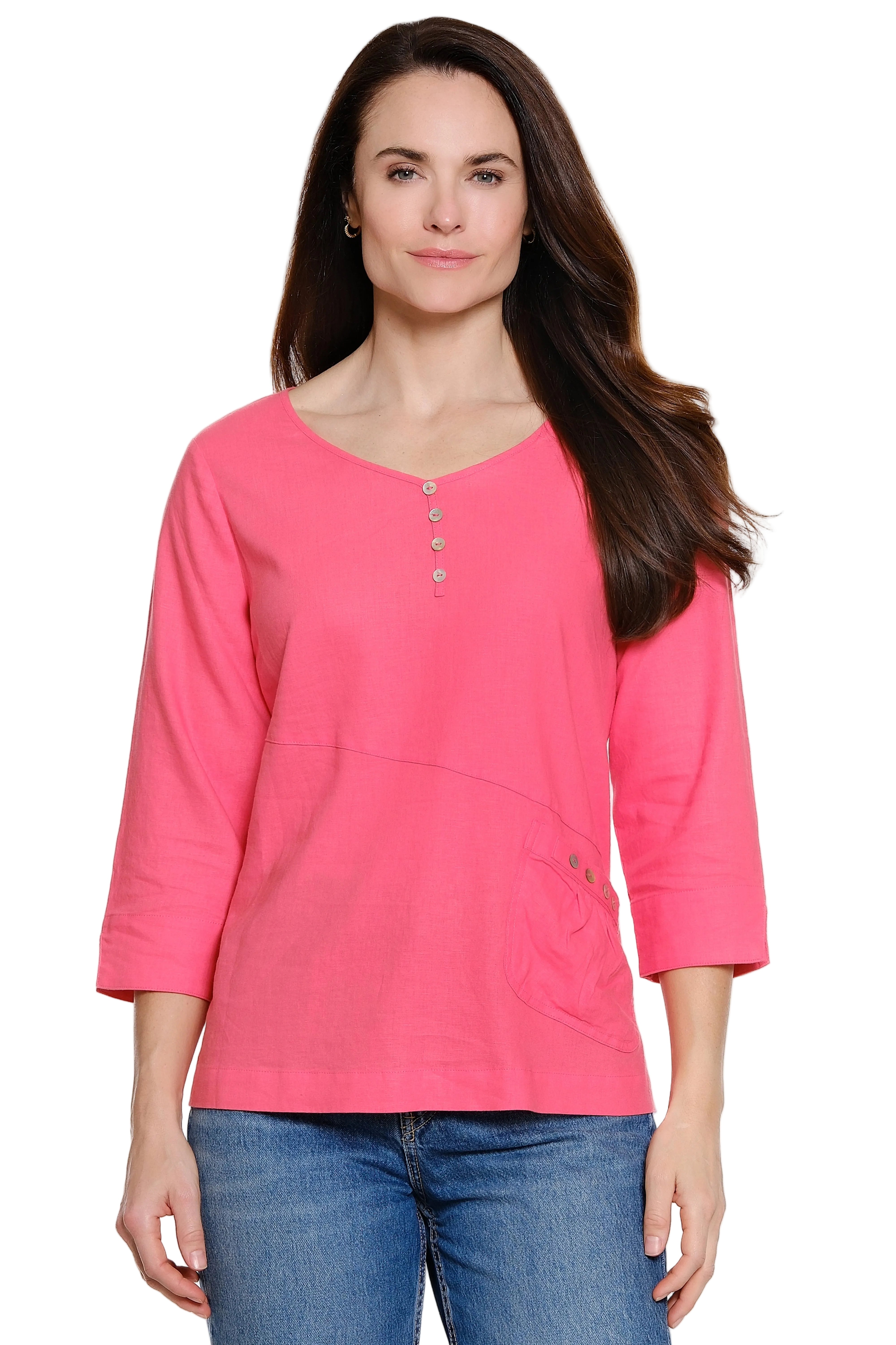 Ali Miles Solid Button Detail  Popover Tunic  (A26629TM)(Watermelon)